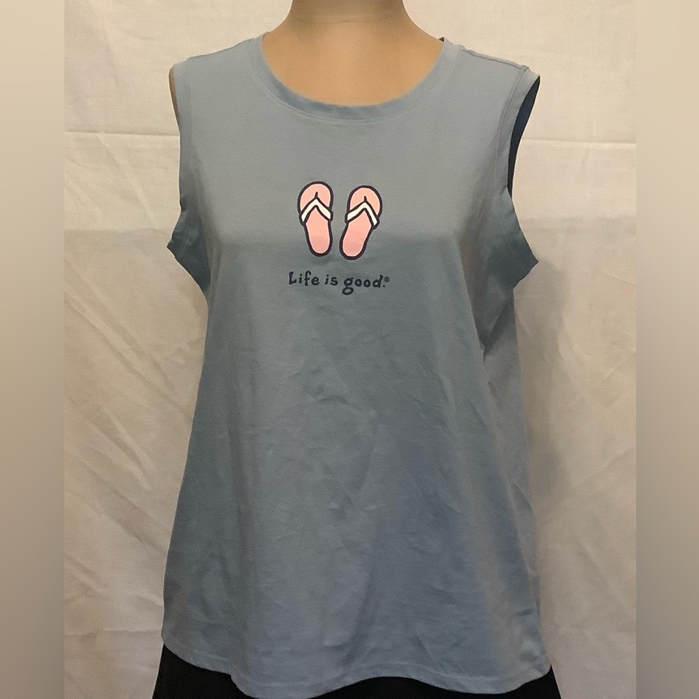 Life Is Good Women's Light Blue Beach Tank Top with Pink Graphic Flip Flops